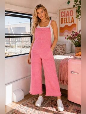 Just A Normal Girl Washed Denim Jumpsuit in Pink